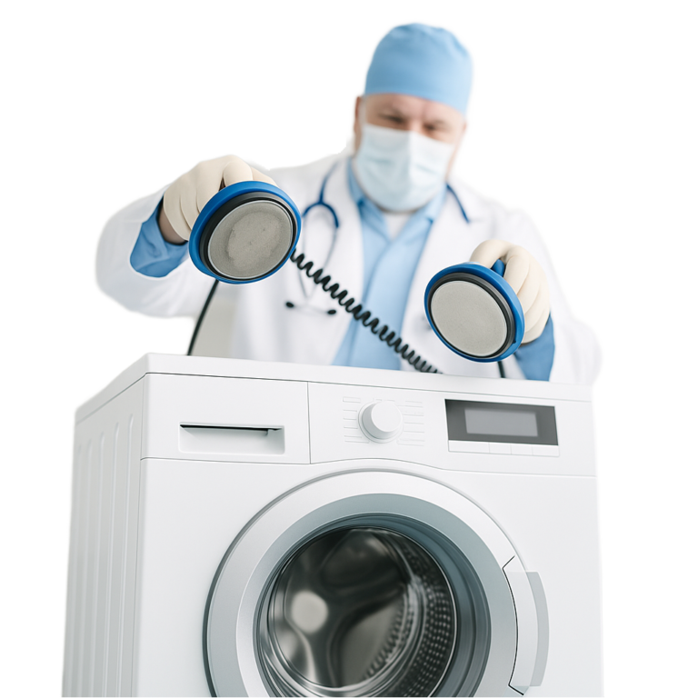 Doctor bringing washing machine back to life with defibrillators.