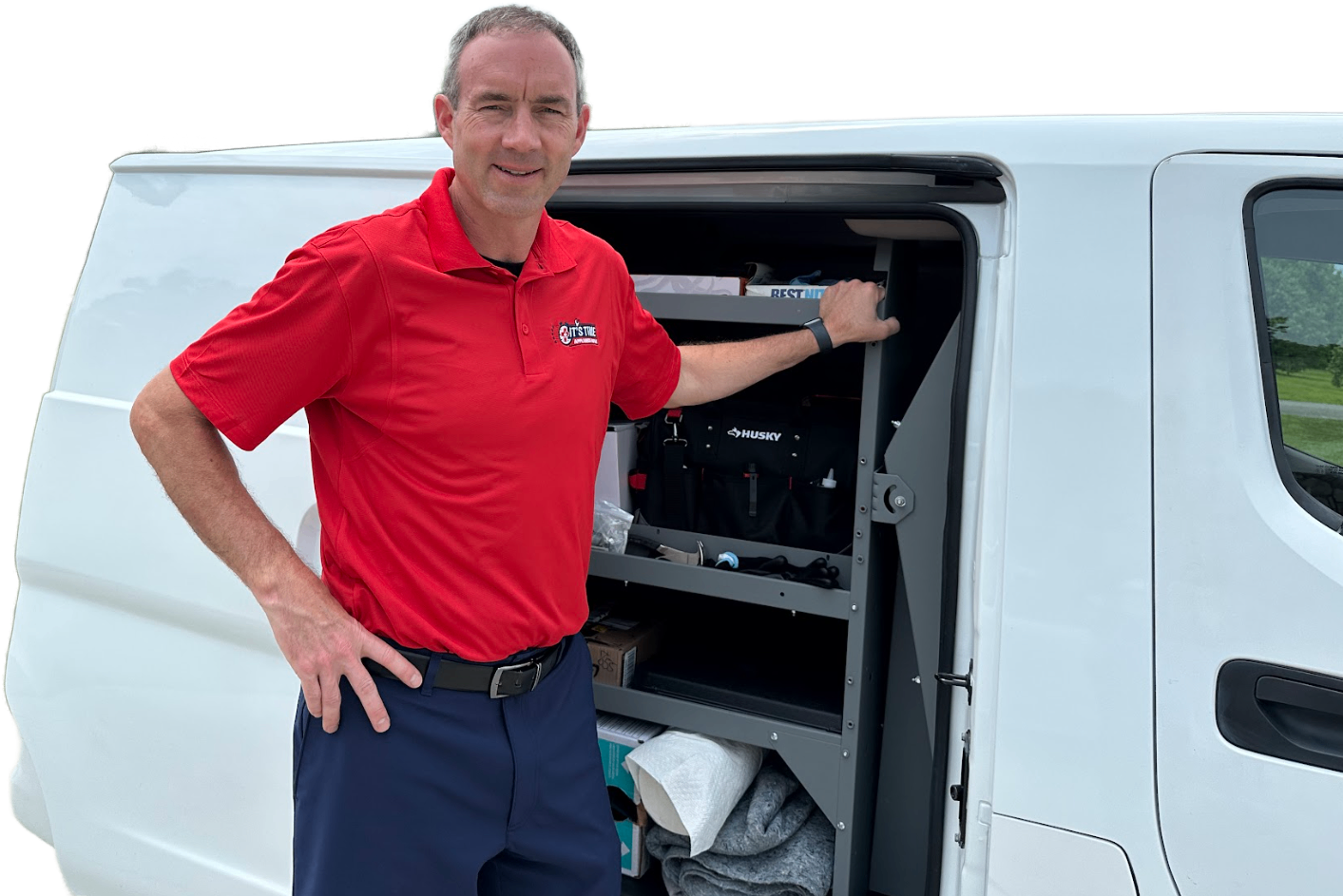 Mike Freese standing in front of the Its Time Appliance Repair work van.